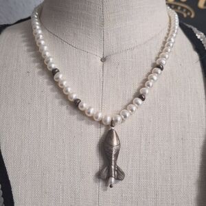 Elegant Freshwater Pearl Necklace with Sterling Fish Pendant
